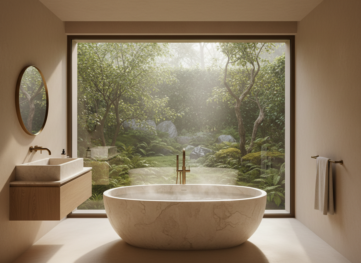 A sanctuary-like wellness bathroom in a luxury villa, centered around a freestanding oval stone bathtub carved from creamy limestone with subtle veining, placed beside a full-height window overlooking a secluded garden of ferns and moss-covered rocks. The matte plaster walls are warm beige, complemented by brushed brass fixtures and a floating oak vanity with integrated stone basin. Soft, diffused morning light streams through the glass, illuminating a faint mist above the still water and creating gentle highlights on the stone. The scene is photographed straight-on at eye level, with a symmetrical composition and crisp focus. Photographic realism with a minimalist, spa-inspired aesthetic, conveying calm, restoration, and the beauty of daily ritual over time.