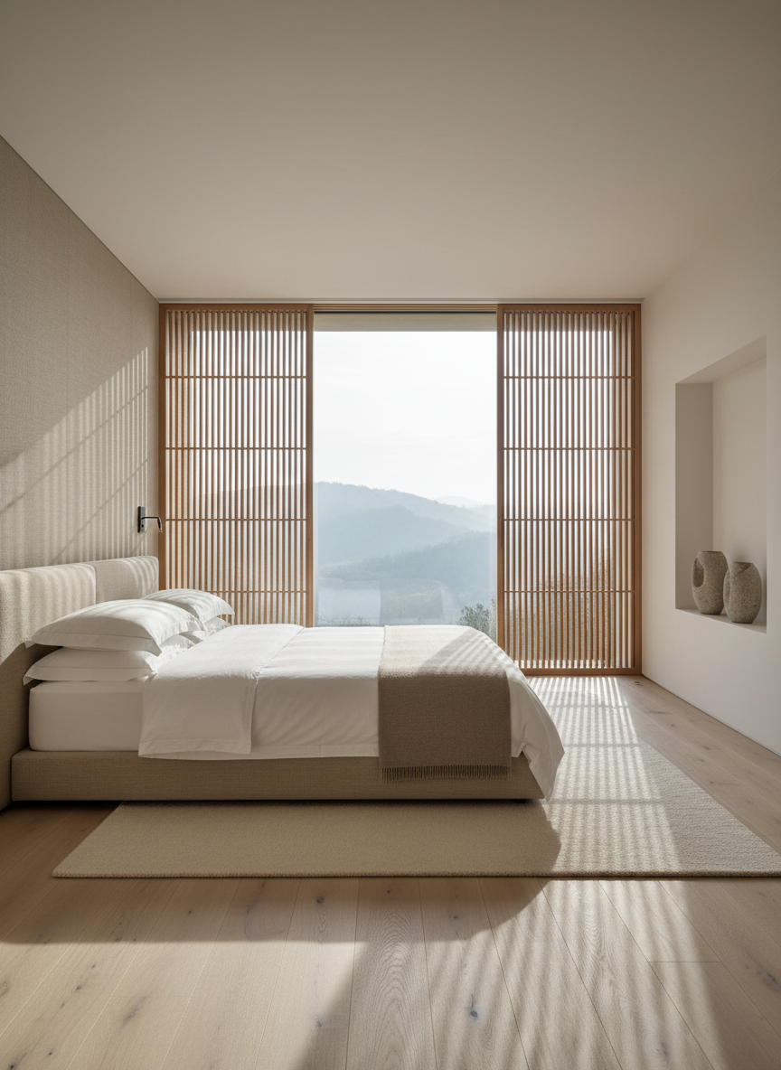 A serene wellness villa bedroom designed for long-term, restorative living, featuring a low platform bed with a softly textured sand-colored linen headboard that spans the wall, paired with crisp white bedding and a cashmere throw in muted taupe. The bed faces a full-height window with sliding wooden screens in slender, vertical slats, partially open to reveal a distant view of rolling, misty hills. Early morning light pours in, creating thin, patterned shadows across a pale oak floor and a thick, off-white wool rug. A built-in niche displays a single sculptural stone vessel. Shot at a slightly elevated angle, with a calm, balanced composition and subtle bokeh beyond the window. Photographic realism with a sophisticated, quiet, Japanese-Scandinavian fusion aesthetic, evoking enduring comfort and beauty over time.