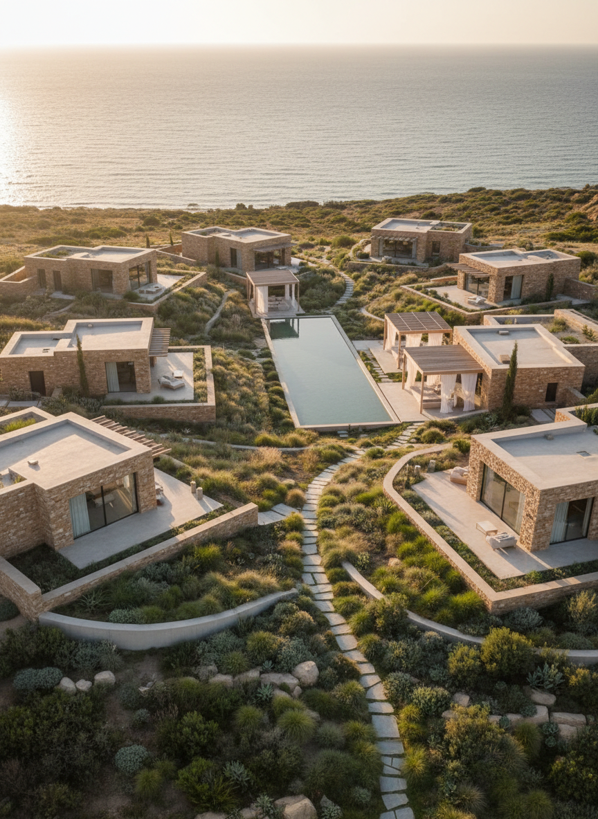 An elevated aerial view of a cluster of Aion wellness villas arranged organically along a gentle coastal slope, each villa a low, minimalist structure of warm stone, pale concrete, and glass, surrounded by drought-tolerant native landscaping in soft greens and silvery tones. Meandering stone pathways connect the villas to shared wellness amenities, including a serene reflecting pond and open-air pavilions. The late afternoon sun bathes the scene in a golden glow, highlighting the textures of roofs and terraces while the distant sea shimmers softly. The composition emphasizes harmony between architecture and landscape, with sweeping curves and layered depths. Photographic realism with a sophisticated, master-planned resort aesthetic, conveying a sense of community, longevity, and elegant, nature-integrated living.