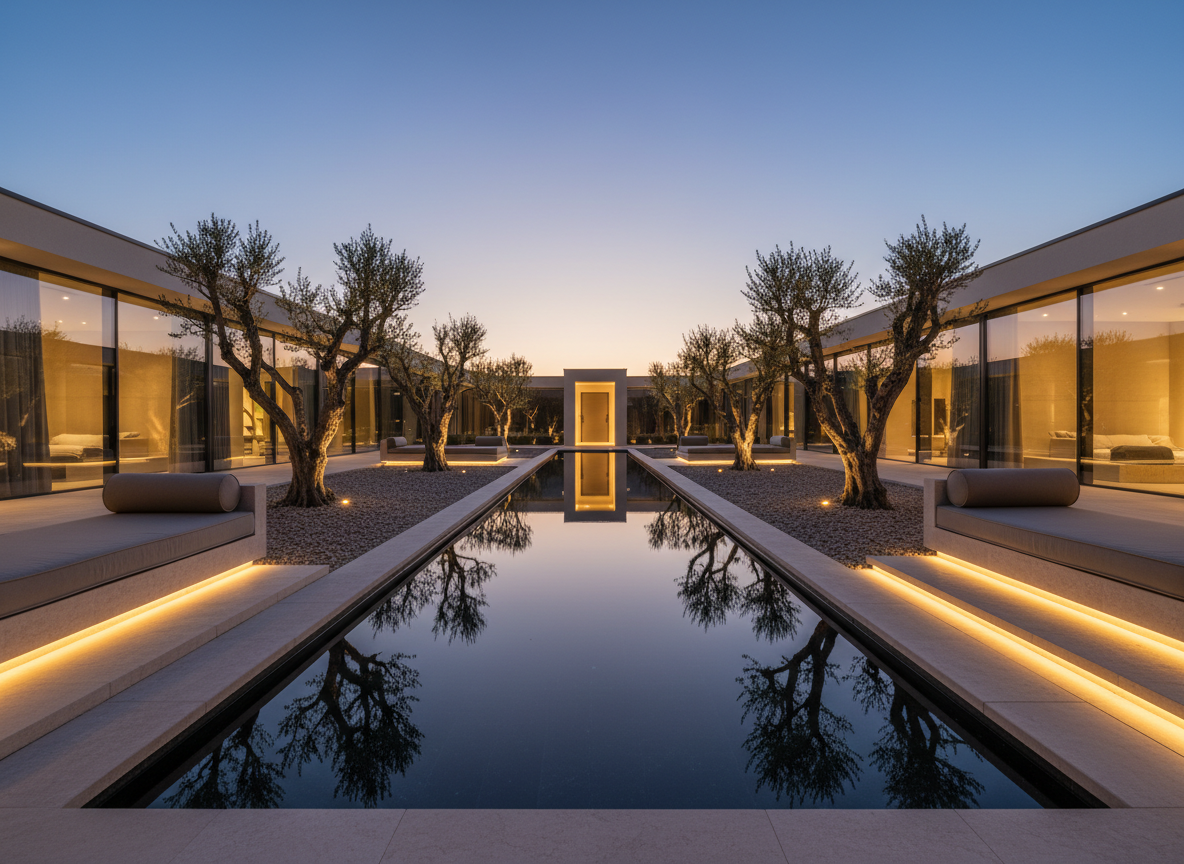 A twilight view of a private wellness villa courtyard, designed as an open-air living space centered around a rectangular reflecting pool with black basalt lining, mirroring the deep blue evening sky. Slender, sculptural olive trees rise from gravel beds, their forms accentuated by hidden, warm uplighting. Low limestone benches with taupe cushions frame the water, while linear LED strips trace the edges of wide stone steps and walkways. Gentle reflections of the villa’s interior glow in the glass façades. Captured from a low angle, leading lines draw the eye toward a distant, softly illuminated doorway. Photographic realism with a refined, architectural focus and a serene, contemplative mood, emphasizing quiet luxury, time slowing down, and the rhythm of evening rituals.
