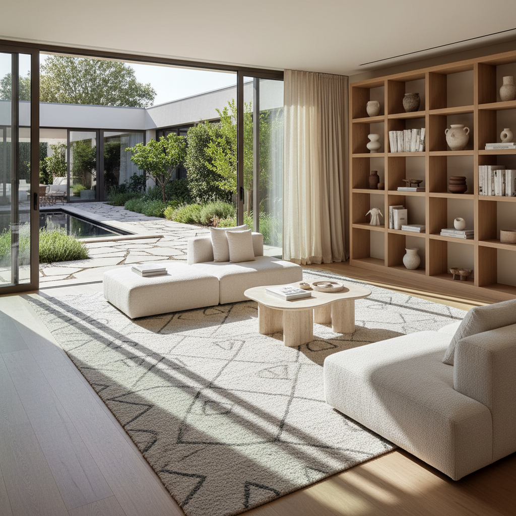 An expansive interior living space of a wellness villa, with floor-to-ceiling glass sliding doors fully open to a private courtyard garden. The room features low-profile modular sofas in textured ivory fabric, a sculpted travertine coffee table, and built-in oak shelving with carefully curated ceramic vessels and art books. Soft afternoon light filters through sheer linen drapes, casting delicate, linear shadows on pale oak flooring and a handwoven wool rug. The courtyard beyond reveals a reflecting pool and stone path framed by sculpted greenery. Captured from a slightly elevated corner angle, with a balanced, airy composition and shallow depth of field. Photographic realism, a sophisticated, contemporary, gallery-like atmosphere that feels serene, curated, and designed for beautiful, long-term living.