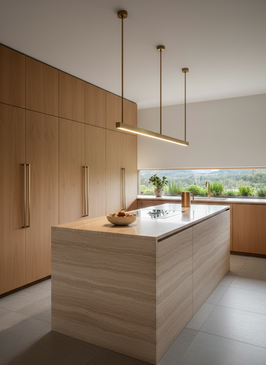 A refined wellness villa kitchen designed as the elegant heart of the home, featuring a monolithic island in honed travertine with subtle striations, integrated sink, and concealed induction cooktop. Flat-panel cabinetry in warm, rift-sawn oak extends to the ceiling, punctuated by thin vertical brass pulls. A long horizontal window above the counter frames a curated herb garden and distant trees, washing the space with soft, indirect daylight. Overhead, slender linear pendant lights emit a warm, even glow that gently highlights the stone texture. The scene is captured from an eye-level, three-quarter angle, with a balanced composition and sharp focus throughout. Photographic realism with a minimalist, gallery-like aesthetic, suggesting thoughtful daily rituals, slow meals, and enduring, functional beauty.